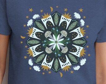 Twilight Blooms Celestial Mandala T Shirt, Mushrooms, Sun, Stars and Flowers Comfort Colors Unisex T-shirt