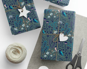 Two Birds Bohemian Folk Art Floral Dark Sage Gift Wrapping Paper, Sustainable Matte or Glossy, All Occasion, Birthday