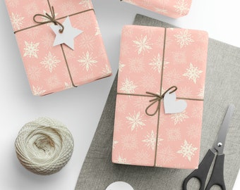 Retro Snowflakes Pink and Cream Gift Wrapping Paper Roll, Sustainable Matte or Glossy, Retro Christmas, Vintage Holidays