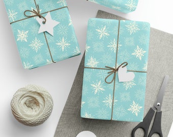 Retro Snowflakes Aqua/Turquoise and Cream Gift Wrapping Paper Roll, Matte or Glossy, Retro Christmas, Vintage Holidays