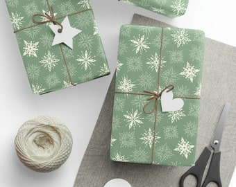 Retro Snowflakes Soft Sage Green and Cream Gift Wrapping Paper Roll, Matte or Glossy, Retro Christmas, Vintage Holidays