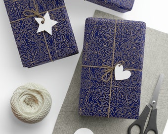 Royal Blue and Gold Romantic Scrollwork Doves and Leaves Gift Wrapping Paper Roll, Matte or Glossy, Christmas, All Occasions