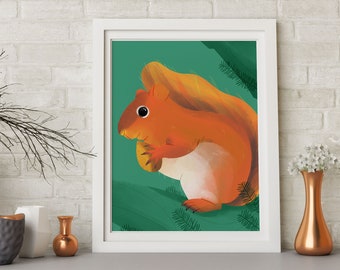 Squirrel Modern Art Print, Colorful Giclée Contemporary Wall Art, Squirrel Poster Gift For Her, Living Room Office Home Wall Decor