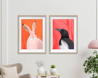 Animal Modern Art Print, Set of 2 Prints, Colorful Giclée Contemporary Wall Art, Rabbit Magpie Posters, All Occasion Gift, Home Decor