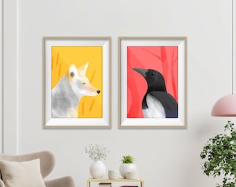 Animal Modern Print, Set of 2 Prints, Colorful Giclée Contemporary Wall Art, Coyote Magpie Posters, House Warming Gift, Bedroom Home Decor