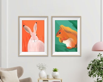 Animal Modern Print, Set of 2 Prints, Colorful Giclée Contemporary Wall Art, Rabbit Squirrel Posters, House Warming Gift, Living Room Decor