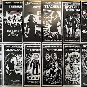 May include: A series of black and white Buffy the Vampire Slayer comic book covers. Each cover displays illustrations and text, with titles such as "The Harvest" and "Angel." The artwork has a graphic novel aesthetic.