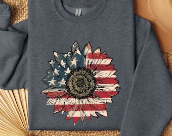 Sudor de girasol de América, sudor de flor de bandera de EE. UU., regalo para americano, sudor de bandera del 4 de julio, regalo de cumpleaños, suéter de verano, regalo para papá mamá,
