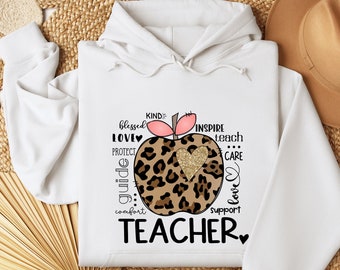 Teacher Leopard Hoodie, Gift For Teacher, Funny School Hoodie, Elemeno Hoodie, Kindergarten Hoodie, Hello Teacher, First Day School Hoodie,
