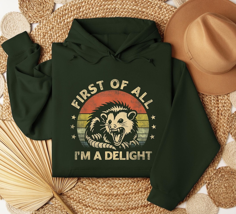 May include: Dark green hoodie with the text "FIRST OF ALL I'M A DELIGHT" in a retro design. The graphic features an opossum with an open mouth, set against a sunset-style background. The hoodie is folded on a woven surface.