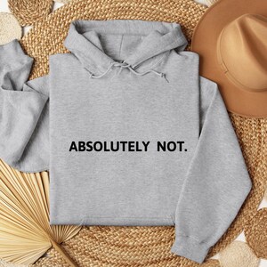 Op de afbeelding: Een grijs hoodie met de tekst "ABSOLUTELY NOT." in zwart op de voorkant.