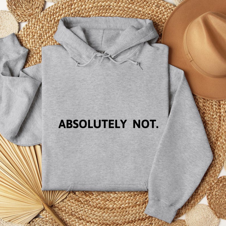 Op de afbeelding: Een grijs hoodie met de tekst "ABSOLUTELY NOT." in zwart op de voorkant.
