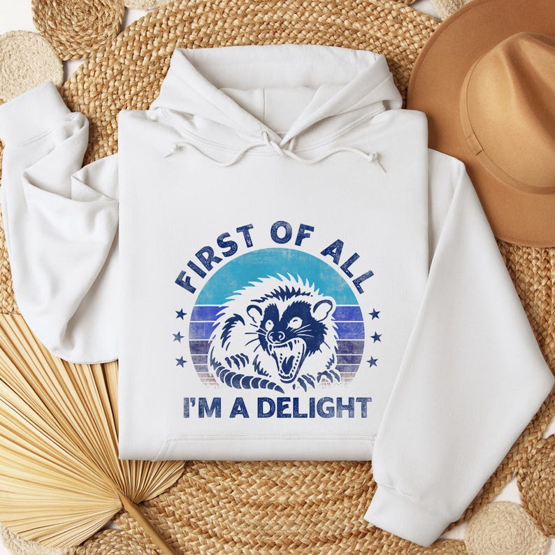 May include: White hooded sweatshirt with a graphic of a raccoon and the text "FIRST OF ALL I'M A DELIGHT" in blue. The raccoon graphic is inside a blue circle with blue stripes and stars.