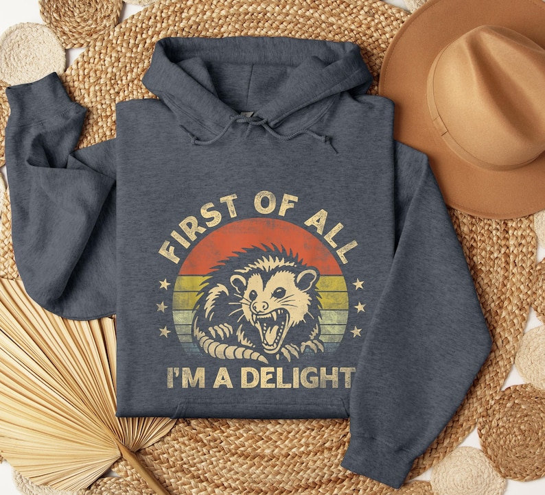 May include: A dark gray hoodie with a drawstring hood. The front features a graphic of an opossum with the text "FIRST OF ALL I'M A DELIGHT" in a retro style. The opossum is set against a sunset-colored background.