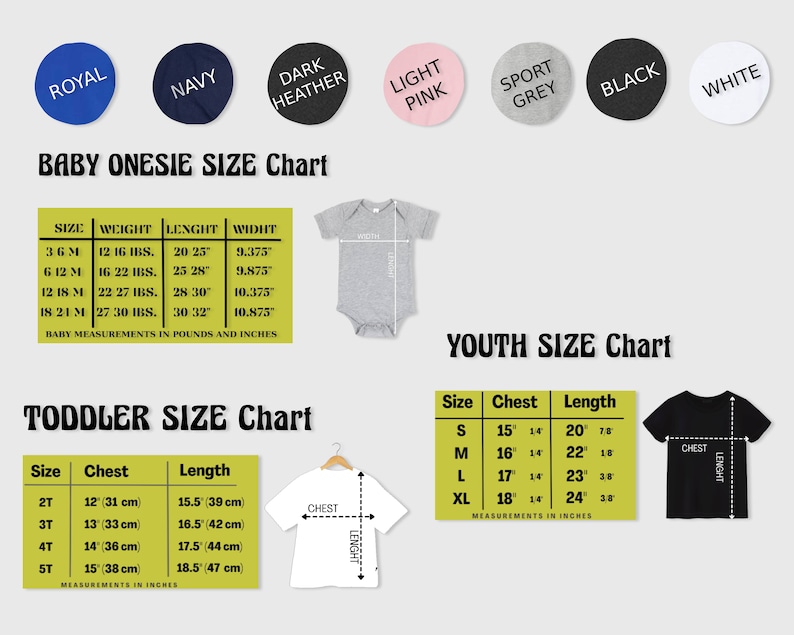 May include: Size chart for baby onesies, toddler shirts, and youth shirts. The chart shows sizes in inches and centimeters, and includes weight and length measurements for baby onesies.