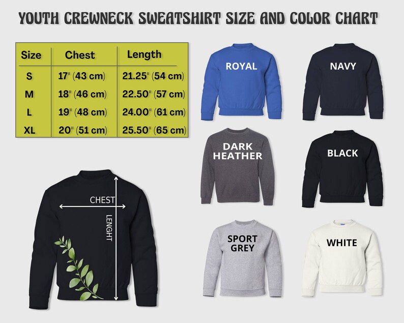 Puede incluir: Tabla de tallas para sudadera de cuello redondo para j&oacute;venes con medidas en pulgadas y cent&iacute;metros. Las opciones de color incluyen azul real, azul marino, gris oscuro jaspeado, negro, gris deportivo y blanco.