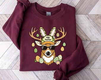 Easter Egg Hunter Sweatshirt, Backward Cap Deer Buck Tee, Kids Easter Egg Hunt