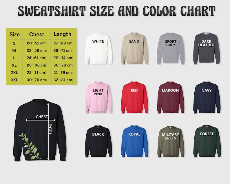 Puede incluir: Tabla de tallas para sudaderas en varios colores, incluyendo blanco, arena, gris deportivo, gris oscuro, rosa claro, rojo, granate, azul marino, negro, azul real, verde militar y verde bosque. La tabla muestra las medidas de pecho y longitud en pulgadas y cent&iacute;metros para las tallas S a 3XL.