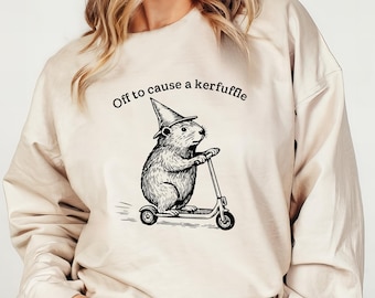 Off To Cause A Kerfuffle Sweatshirt, Funny Groundhog Scooter Sweatshirt, Silly Animal Meme Crewneck, Sarcastic Humor Graphic Sweatshirt