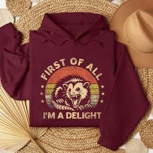 May include: Burgundy hoodie with a distressed graphic of an opossum inside a circle with the text "FIRST OF ALL I'M A DELIGHT". The design features a retro sunset color scheme. The hoodie is displayed on a woven surface.