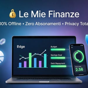 Może przedstawiać: Laptop i smartfon wyświetlają dane finansowe z wykresami. Obraz zawiera tekst "Le Mie Finanze" oraz "100% Offline • Zero Absonamenti • Privacy Totale". Obecne są również symbole euro i tarcza.