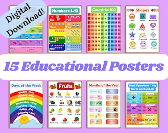 Set of 15 Educational Poster, Digital Download, Homeschool Prints, Classroom Decor, Montessori Learning Posters, Toddler Playroom Decor