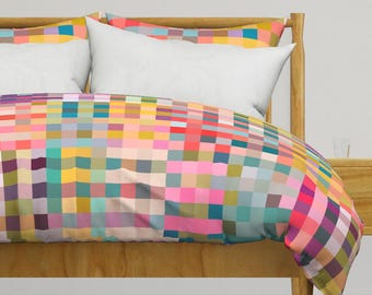 Bright Summer Abstract Gingham Duvet Cover with Optional Shams: Colorful Plaid Bedding by Victoria Bright Home