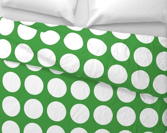 Green Polka Dot Cotton Sateen Bedding Set, Duvet Cover, Shams and Sheets