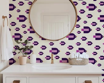 Folk Art Bird Peel and Stick Wallpaper, Purple Nature Pattern