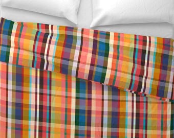 Preppy Plaid 1970s Duvet Cover with Optional Matching Pillow Shams, Country Farmhouse Design by Victoria Bright Home