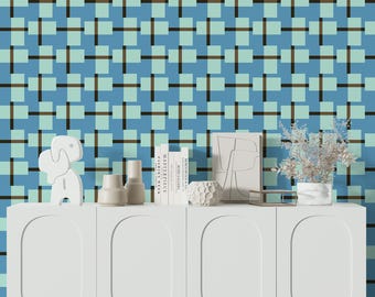 Blue Plaid Peel and Stick Wallpaper, 1950s Retro Modern