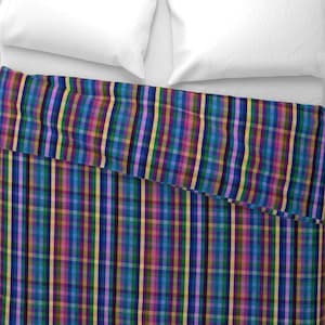 May include: A blue, green, pink, and yellow plaid duvet cover with a white pillow on top.
