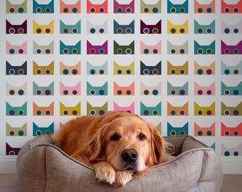 Scaredy Cats Wallpaper | Colorful Cat Pattern Peel and Stick | Cat Lover Home Decor | Funny Pet Room | Maximalist