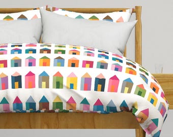 Miniature Houses Duvet Cover with Optional Matching Shams, Living Tiny Kids Bedding by Victoria Bright Home