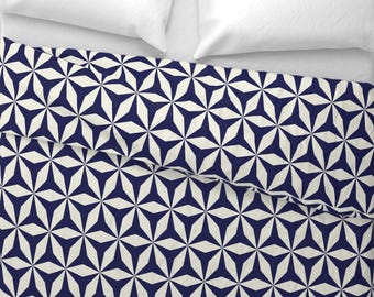Modern Moroccan Duvet Cover, Navy White Origami Pattern, Italian Cotton Sateen