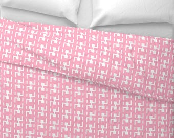 Pink Houndstooth Cotton Sateen Duvet Cover Set: USA Made