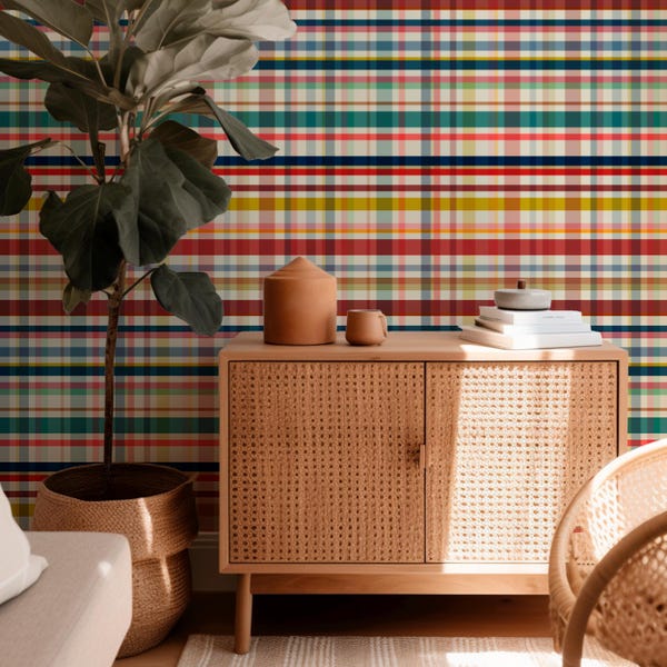 Boy Scout Plaid Wallpaper | Vintage Lodge Boys Room | Colorful Tartan Peel and Stick | Wes Anderson Aesthetic | Cabin Decor | USA Made