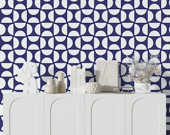 Blue and White Bauhaus Inspired Peel and Stick Wallpaper, Removeable Bauhaus Modern Designed by Victoria Bright Home