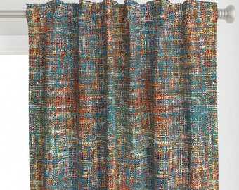 Mid Century Curtain Panel, Rusty Blue Retro Fragments, Boho Farmhouse Decor