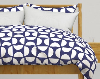 Modern Duvet Cover, Blue Half Moons Bauhaus Bedding, Maximalist Decor, Boho Bedroom, Luxury Cotton Sateen Fabric by Victoria Bright Home