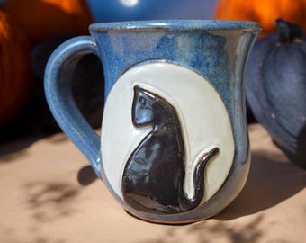 Full Moon Black Cat Mug. Handmade Pottery.Perfect for a Halloween Gift Idea!