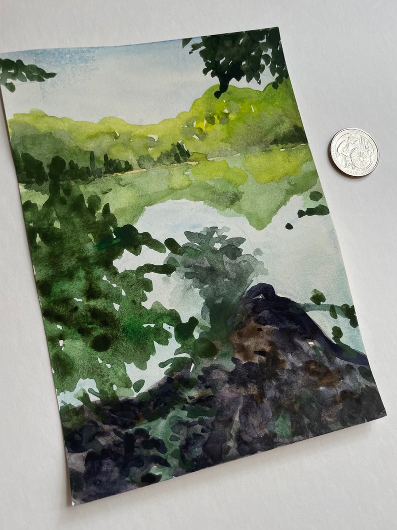 Original watercolor painting of reflection at Radnor Lake in Nashville, TN, custom matted image 2