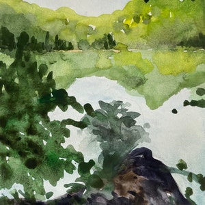 Original watercolor painting of reflection at Radnor Lake in Nashville, TN, custom matted image 1
