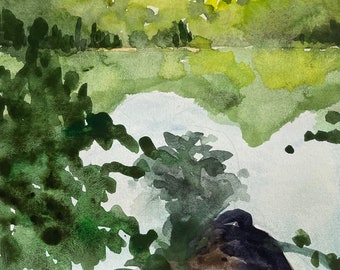 Original watercolor painting of reflection at Radnor Lake in Nashville, TN, custom matted