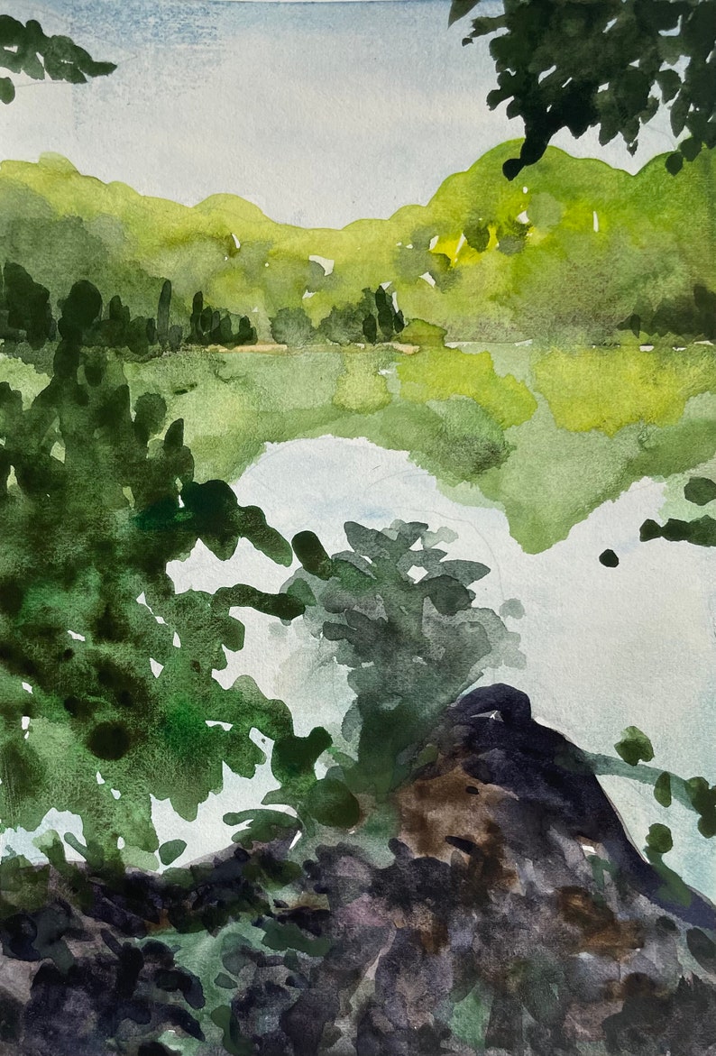 Original watercolor painting of reflection at Radnor Lake in Nashville, TN, custom matted image 1