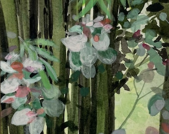 Mexico City Botanical Gardens Green Bamboo and a Pink Flowers, custom matted