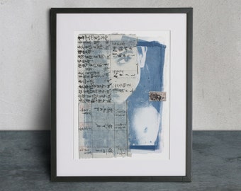 JAPANESE BLUE - ORIGINAL Monoprint | Photo transfer | washi paper | mixed media collage | blue | unframed