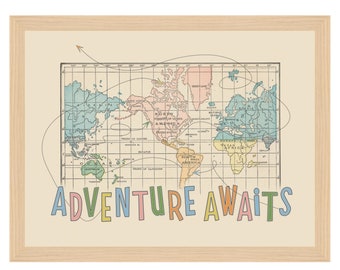 Adventure Awaits World Map for Kids, Nursery Wall Art, by Wendy Gold