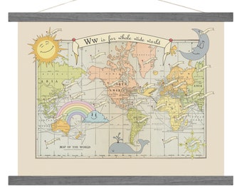 Vintage Map Art Canvas, Baby, Alphabet, Nursery World Map Art