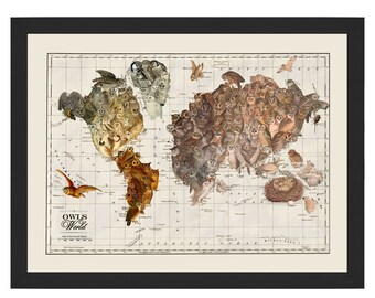 Owl Map of the World Collage Map Art Print, Owl Art